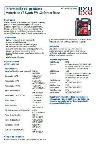 Aceite 5w40 Sintetico Street Race Moto 4t Liqui Moly 1l 5