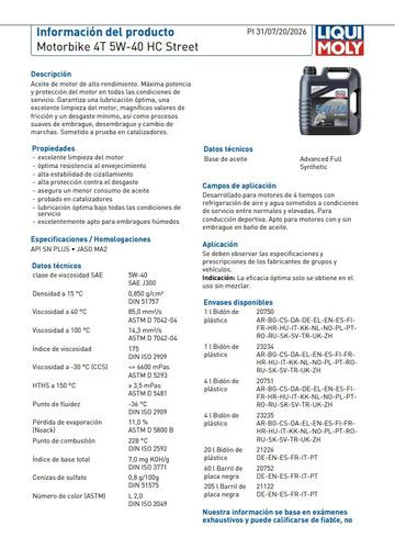Aceite 5w40 Sintetico Street Moto 4t Liqui Moly 1l 4