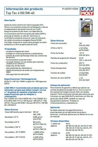 Aceite 5w40 Hc Sintetico Top Tec 4100 Dual Liqui Moly 5l 2