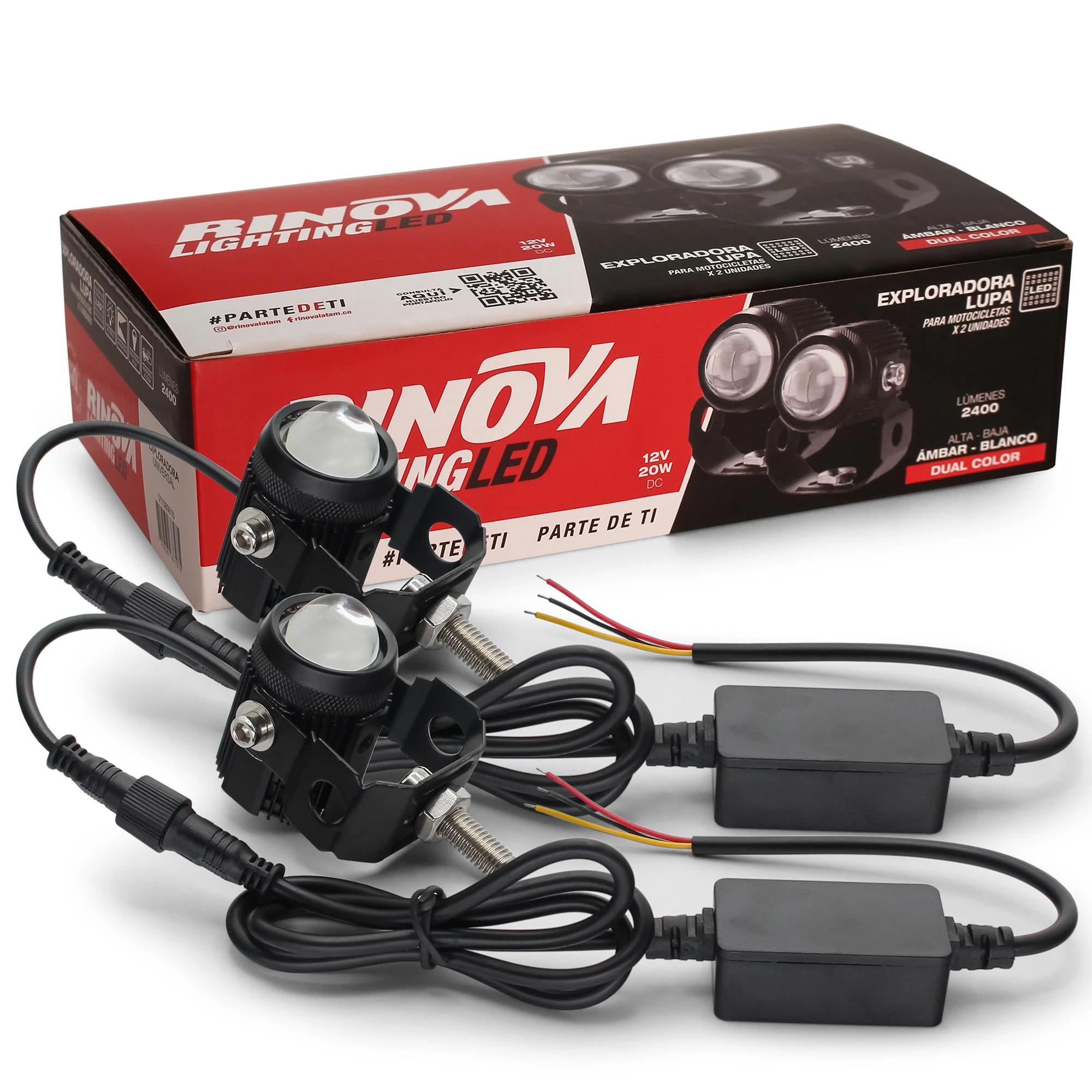 Kit x2 Exploradoras LED Tipo Lupa para Moto 12V DC Blanco y Naranja 20W 2400 Lúmenes 3